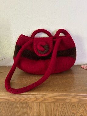 Red Wool Felt Shoulder Bag with Brown Accent